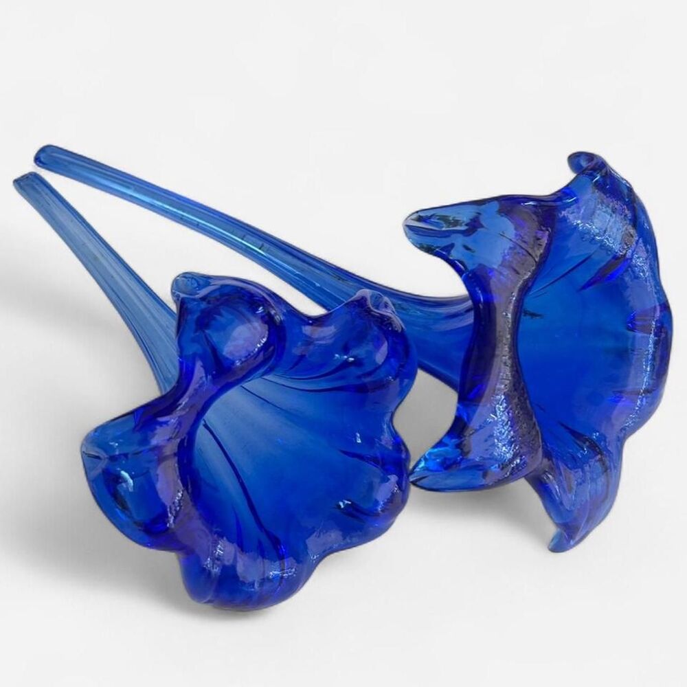 Stunning Set of Vibrant Cobalt Blue Handblown Vintage Glass Lily Vases